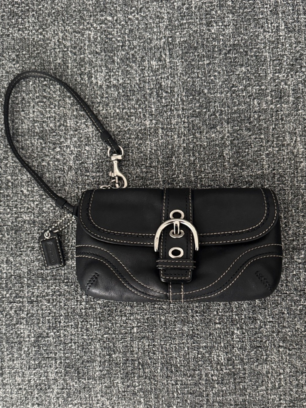 Coach Black Leather Wristlet Clutch with Silver Buckle Accent